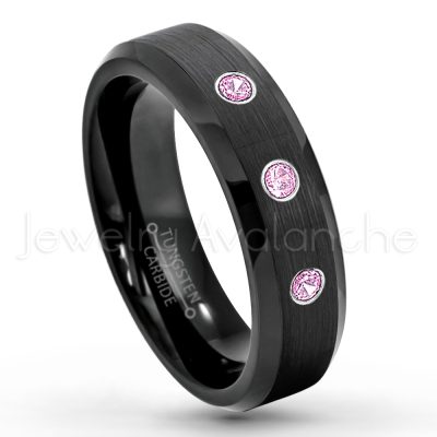 0.21ctw Pink Tourmaline & Diamond 3-Stone Tungsten Ring - October Birthstone Ring - 6mm Tungsten Wedding Ring - Brushed Finish Black IP Comfort Fit Tungsten Carbide Ring - Ladies Tungsten Anniversary Ring TN168-PTM