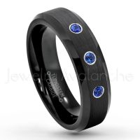 0.21ctw Blue Sapphire 3-Stone Tungsten Ring - September Birthstone Ring - 6mm Tungsten Wedding Ring - Brushed Finish Black IP Comfort Fit Tungsten Carbide Ring - Ladies Tungsten Anniversary Ring TN168-SP
