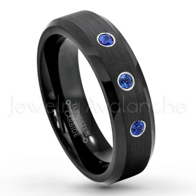 0.21ctw Blue Sapphire 3-Stone Tungsten Ring - September Birthstone Ring - 6mm Tungsten Wedding Ring - Brushed Finish Black IP Comfort Fit Tungsten Carbide Ring - Ladies Tungsten Anniversary Ring TN168-SP