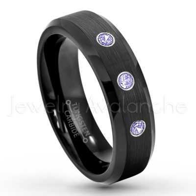 0.07ctw Tanzanite Tungsten Ring - December Birthstone Ring - 6mm Tungsten Wedding Ring - Brushed Finish Black IP Comfort Fit Tungsten Carbide Ring - Ladies Tungsten Anniversary Ring TN168-TZN