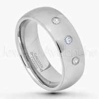 0.21ctw Aquamarine & Diamond 3-Stone Tungsten Ring - March Birthstone Ring - 7mm Comfort Fit Tungsten Wedding Band - Polished Finish Classic Dome Tungsten Carbide Ring - Men's Tungsten Anniversary Ring TN175-AQM