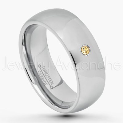 0.21ctw Citrine & Diamond 3-Stone Tungsten Ring - November Birthstone Ring - 7mm Comfort Fit Tungsten Wedding Band - Polished Finish Classic Dome Tungsten Carbide Ring - Men's Tungsten Anniversary Ring TN175-CN