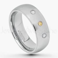0.21ctw Citrine & Diamond 3-Stone Tungsten Ring - November Birthstone Ring - 7mm Comfort Fit Tungsten Wedding Band - Polished Finish Classic Dome Tungsten Carbide Ring - Men's Tungsten Anniversary Ring TN175-CN