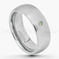 0.07ctw Green Tourmaline Tungsten Ring - October Birthstone Ring - 7mm Comfort Fit Tungsten Wedding Band - Polished Finish Classic Dome Tungsten Carbide Ring - Men's Tungsten Anniversary Ring TN175-GTM