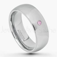 0.07ctw Pink Tourmaline Tungsten Ring - October Birthstone Ring - 7mm Comfort Fit Tungsten Wedding Band - Polished Finish Classic Dome Tungsten Carbide Ring - Men's Tungsten Anniversary Ring TN175-PTM