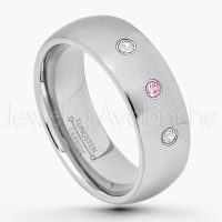 0.21ctw Pink Tourmaline & Diamond 3-Stone Tungsten Ring - October Birthstone Ring - 7mm Comfort Fit Tungsten Wedding Band - Polished Finish Classic Dome Tungsten Carbide Ring - Men's Tungsten Anniversary Ring TN175-PTM