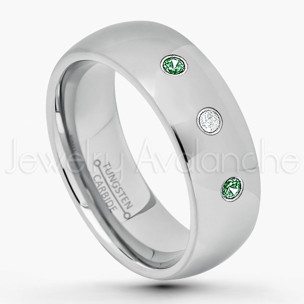 0.21ctw Emerald & Diamond 3-Stone Tungsten Ring – May Birthstone Ring ...