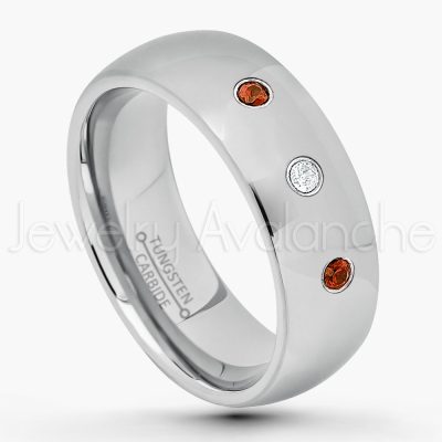 0.21ctw Garnet 3-Stone Tungsten Ring - January Birthstone Ring - 7mm Comfort Fit Tungsten Wedding Band - Polished Finish Classic Dome Tungsten Carbide Ring - Men's Tungsten Anniversary Ring TN175-GR