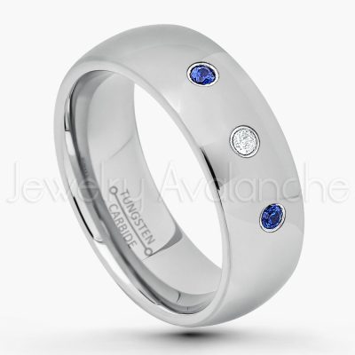 0.21ctw Blue Sapphire & Diamond 3-Stone Tungsten Ring - September Birthstone Ring - 7mm Comfort Fit Tungsten Wedding Band - Polished Finish Classic Dome Tungsten Carbide Ring - Men's Tungsten Anniversary Ring TN175-SP