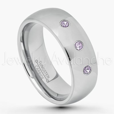 0.21ctw Amethyst & Diamond 3-Stone Tungsten Ring - February Birthstone Ring - 7mm Comfort Fit Tungsten Wedding Band - Polished Finish Classic Dome Tungsten Carbide Ring - Men's Tungsten Anniversary Ring TN175-AMT
