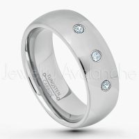 0.21ctw Aquamarine 3-Stone Tungsten Ring - March Birthstone Ring - 7mm Comfort Fit Tungsten Wedding Band - Polished Finish Classic Dome Tungsten Carbide Ring - Men's Tungsten Anniversary Ring TN175-AQM