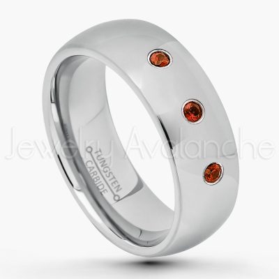 0.21ctw Garnet & Diamond 3-Stone Tungsten Ring - January Birthstone Ring - 7mm Comfort Fit Tungsten Wedding Band - Polished Finish Classic Dome Tungsten Carbide Ring - Men's Tungsten Anniversary Ring TN175-GR