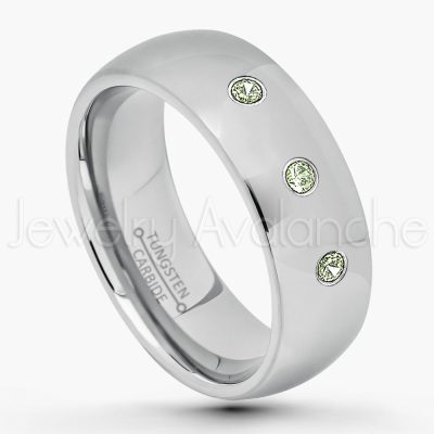 0.21ctw Peridot & Diamond 3-Stone Tungsten Ring - August Birthstone Ring - 7mm Comfort Fit Tungsten Wedding Band - Polished Finish Classic Dome Tungsten Carbide Ring - Men's Tungsten Anniversary Ring TN175-PD
