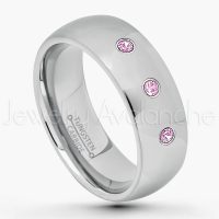0.21ctw Pink Tourmaline 3-Stone Tungsten Ring - October Birthstone Ring - 7mm Comfort Fit Tungsten Wedding Band - Polished Finish Classic Dome Tungsten Carbide Ring - Men's Tungsten Anniversary Ring TN175-PTM