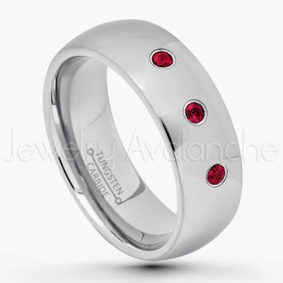 0.07ctw Ruby Tungsten Ring - July Birthstone Ring - 7mm Comfort Fit Tungsten Wedding Band - Polished Finish Classic Dome Tungsten Carbide Ring - Men's Tungsten Anniversary Ring TN175-RB
