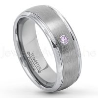 0.07ctw Amethyst Tungsten Ring - February Birthstone Ring - 8mm Tungsten Wedding Ring - Brushed Finish Comfort Fit Classic Dome Tungsten Carbide Ring - Bride and Groom's Ring TN176-AMT