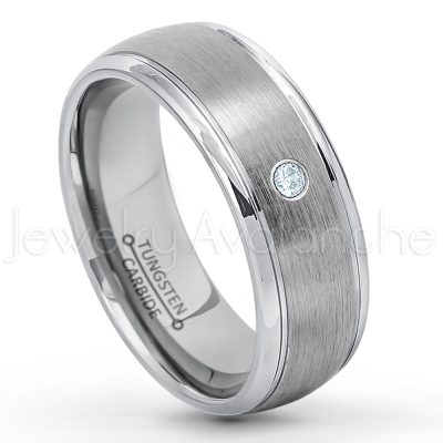 0.21ctw Aquamarine 3-Stone Tungsten Ring - March Birthstone Ring - 8mm Tungsten Wedding Ring - Brushed Finish Comfort Fit Classic Dome Tungsten Carbide Ring - Bride and Groom's Ring TN176-AQM