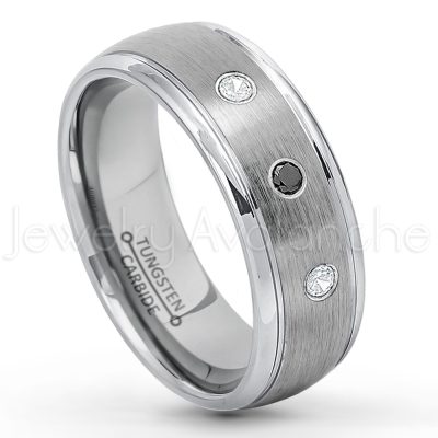 0.21ctw White & Black Diamond 3-Stone Tungsten Ring - April Birthstone Ring - 8mm Tungsten Wedding Ring - Brushed Finish Comfort Fit Classic Dome Tungsten Carbide Ring - Bride and Groom's Ring TN176-WD