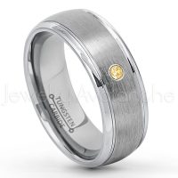0.07ctw Citrine Tungsten Ring - November Birthstone Ring - 8mm Tungsten Wedding Ring - Brushed Finish Comfort Fit Classic Dome Tungsten Carbide Ring - Bride and Groom's Ring TN176-CN