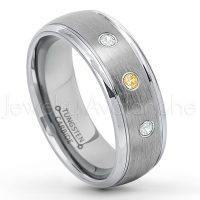0.21ctw Citrine & Diamond 3-Stone Tungsten Ring - November Birthstone Ring - 8mm Tungsten Wedding Ring - Brushed Finish Comfort Fit Classic Dome Tungsten Carbide Ring - Bride and Groom's Ring TN176-CN