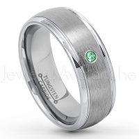 0.07ctw Emerald Tungsten Ring - May Birthstone Ring - 8mm Tungsten Wedding Ring - Brushed Finish Comfort Fit Classic Dome Tungsten Carbide Ring - Bride and Groom's Ring TN176-ED