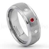 0.21ctw Garnet & Diamond 3-Stone Tungsten Ring - January Birthstone Ring - 8mm Tungsten Wedding Ring - Brushed Finish Comfort Fit Classic Dome Tungsten Carbide Ring - Bride and Groom's Ring TN176-GR