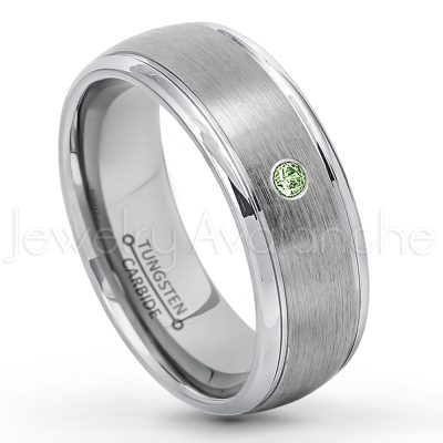 0.21ctw Green Tourmaline 3-Stone Tungsten Ring - October Birthstone Ring - 8mm Tungsten Wedding Ring - Brushed Finish Comfort Fit Classic Dome Tungsten Carbide Ring - Bride and Groom's Ring TN176-GTM