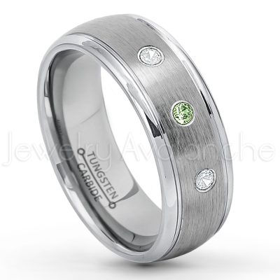 0.21ctw Green Tourmaline 3-Stone Tungsten Ring - October Birthstone Ring - 8mm Tungsten Wedding Ring - Brushed Finish Comfort Fit Classic Dome Tungsten Carbide Ring - Bride and Groom's Ring TN176-GTM