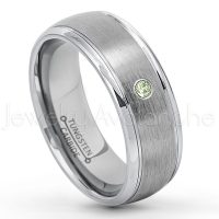 0.07ctw Peridot Tungsten Ring - August Birthstone Ring - 8mm Tungsten Wedding Ring - Brushed Finish Comfort Fit Classic Dome Tungsten Carbide Ring - Bride and Groom's Ring TN176-PD
