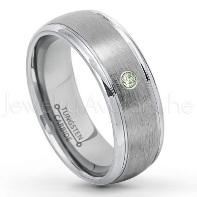 0.21ctw Peridot & Diamond 3-Stone Tungsten Ring - August Birthstone Ring - 8mm Tungsten Wedding Ring - Brushed Finish Comfort Fit Classic Dome Tungsten Carbide Ring - Bride and Groom's Ring TN176-PD