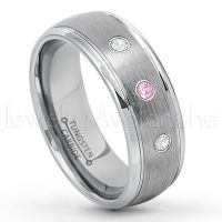 0.21ctw Pink Tourmaline & Diamond 3-Stone Tungsten Ring - October Birthstone Ring - 8mm Tungsten Wedding Ring - Brushed Finish Comfort Fit Classic Dome Tungsten Carbide Ring - Bride and Groom's Ring TN176-PTM