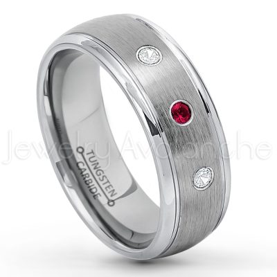 0.07ctw Ruby Tungsten Ring - July Birthstone Ring - 8mm Tungsten Wedding Ring - Brushed Finish Comfort Fit Classic Dome Tungsten Carbide Ring - Bride and Groom's Ring TN176-RB