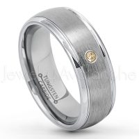0.07ctw Smokey Quartz Tungsten Ring - November Birthstone Ring - 8mm Tungsten Wedding Ring - Brushed Finish Comfort Fit Classic Dome Tungsten Carbide Ring - Bride and Groom's Ring TN176-SMQ