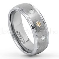 0.21ctw Smokey Quartz & Diamond 3-Stone Tungsten Ring - November Birthstone Ring - 8mm Tungsten Wedding Ring - Brushed Finish Comfort Fit Classic Dome Tungsten Carbide Ring - Bride and Groom's Ring TN176-SMQ