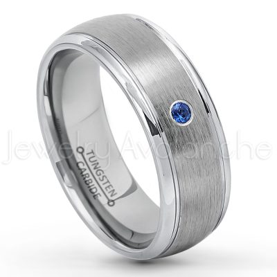 0.21ctw Blue Sapphire & Diamond 3-Stone Tungsten Ring - September Birthstone Ring - 8mm Tungsten Wedding Ring - Brushed Finish Comfort Fit Classic Dome Tungsten Carbide Ring - Bride and Groom's Ring TN176-SP