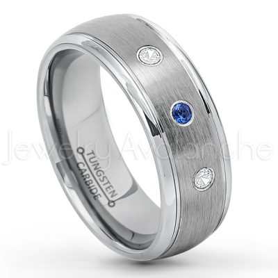 0.21ctw Blue Sapphire 3-Stone Tungsten Ring - September Birthstone Ring - 8mm Tungsten Wedding Ring - Brushed Finish Comfort Fit Classic Dome Tungsten Carbide Ring - Bride and Groom's Ring TN176-SP