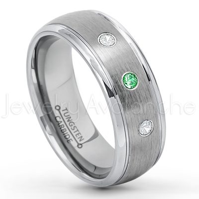 0.21ctw Tsavorite 3-Stone Tungsten Ring - January Birthstone Ring - 8mm Tungsten Wedding Ring - Brushed Finish Comfort Fit Classic Dome Tungsten Carbide Ring - Bride and Groom's Ring TN176-TVR