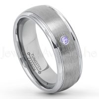 0.07ctw Tanzanite Tungsten Ring - December Birthstone Ring - 8mm Tungsten Wedding Ring - Brushed Finish Comfort Fit Classic Dome Tungsten Carbide Ring - Bride and Groom's Ring TN176-TZN