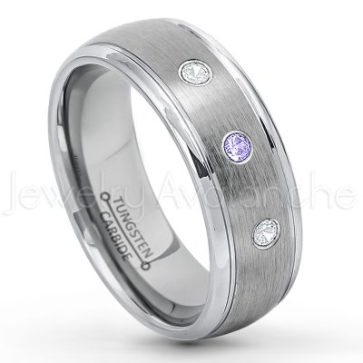 0.07ctw Tanzanite Tungsten Ring - December Birthstone Ring - 8mm Tungsten Wedding Ring - Brushed Finish Comfort Fit Classic Dome Tungsten Carbide Ring - Bride and Groom's Ring TN176-TZN