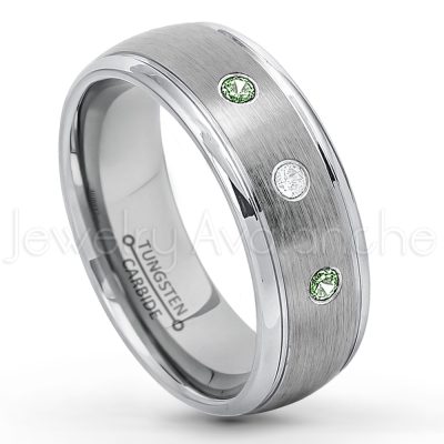 0.21ctw Alexandrite & Diamond 3-Stone Tungsten Ring - June Birthstone Ring - 8mm Tungsten Wedding Ring - Brushed Finish Comfort Fit Classic Dome Tungsten Carbide Ring - Bride and Groom's Ring TN176-ALX