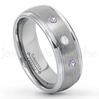 0.21ctw Amethyst & Diamond 3-Stone Tungsten Ring - February Birthstone Ring - 8mm Tungsten Wedding Ring - Brushed Finish Comfort Fit Classic Dome Tungsten Carbide Ring - Bride and Groom's Ring TN176-AMT