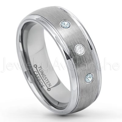 0.07ctw Aquamarine Tungsten Ring - March Birthstone Ring - 8mm Tungsten Wedding Ring - Brushed Finish Comfort Fit Classic Dome Tungsten Carbide Ring - Bride and Groom's Ring TN176-AQM