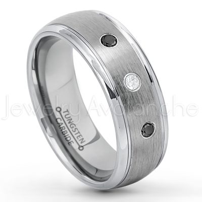 0.07ctw Black Diamond Tungsten Ring - April Birthstone Ring - 8mm Tungsten Wedding Ring - Brushed Finish Comfort Fit Classic Dome Tungsten Carbide Ring - Bride and Groom's Ring TN176-BD
