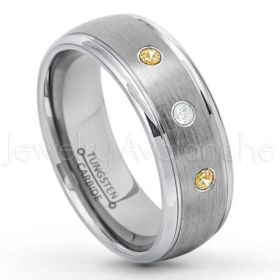 0.21ctw Citrine 3-Stone Tungsten Ring - November Birthstone Ring - 8mm Tungsten Wedding Ring - Brushed Finish Comfort Fit Classic Dome Tungsten Carbide Ring - Bride and Groom's Ring TN176-CN