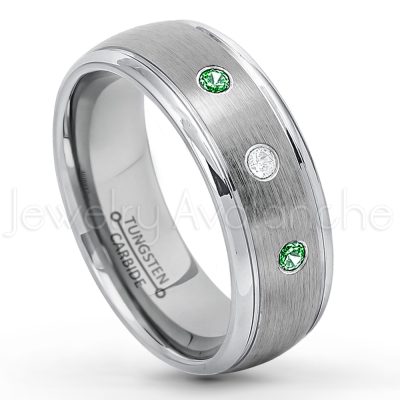 0.21ctw Emerald & Diamond 3-Stone Tungsten Ring - May Birthstone Ring - 8mm Tungsten Wedding Ring - Brushed Finish Comfort Fit Classic Dome Tungsten Carbide Ring - Bride and Groom's Ring TN176-ED
