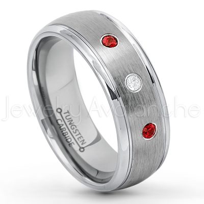 0.07ctw Garnet Tungsten Ring - January Birthstone Ring - 8mm Tungsten Wedding Ring - Brushed Finish Comfort Fit Classic Dome Tungsten Carbide Ring - Bride and Groom's Ring TN176-GR