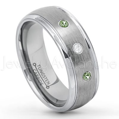 0.21ctw Green Tourmaline 3-Stone Tungsten Ring - October Birthstone Ring - 8mm Tungsten Wedding Ring - Brushed Finish Comfort Fit Classic Dome Tungsten Carbide Ring - Bride and Groom's Ring TN176-GTM