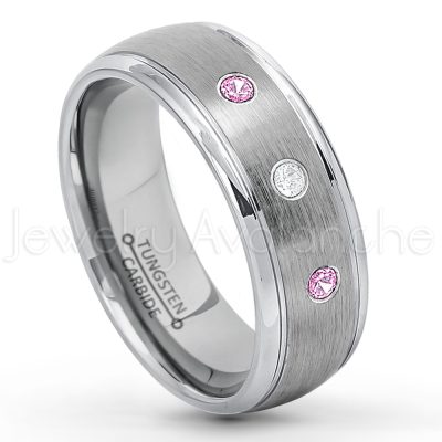 0.07ctw Pink Tourmaline Tungsten Ring - October Birthstone Ring - 8mm Tungsten Wedding Ring - Brushed Finish Comfort Fit Classic Dome Tungsten Carbide Ring - Bride and Groom's Ring TN176-PTM