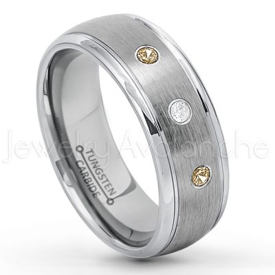 0.21ctw Smokey Quartz & Diamond 3-Stone Tungsten Ring - November Birthstone Ring - 8mm Tungsten Wedding Ring - Brushed Finish Comfort Fit Classic Dome Tungsten Carbide Ring - Bride and Groom's Ring TN176-SMQ