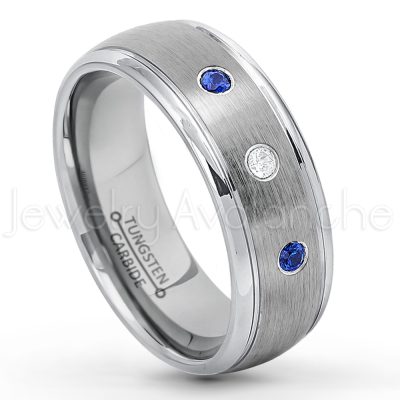 0.07ctw Blue Sapphire Tungsten Ring - September Birthstone Ring - 8mm Tungsten Wedding Ring - Brushed Finish Comfort Fit Classic Dome Tungsten Carbide Ring - Bride and Groom's Ring TN176-SP